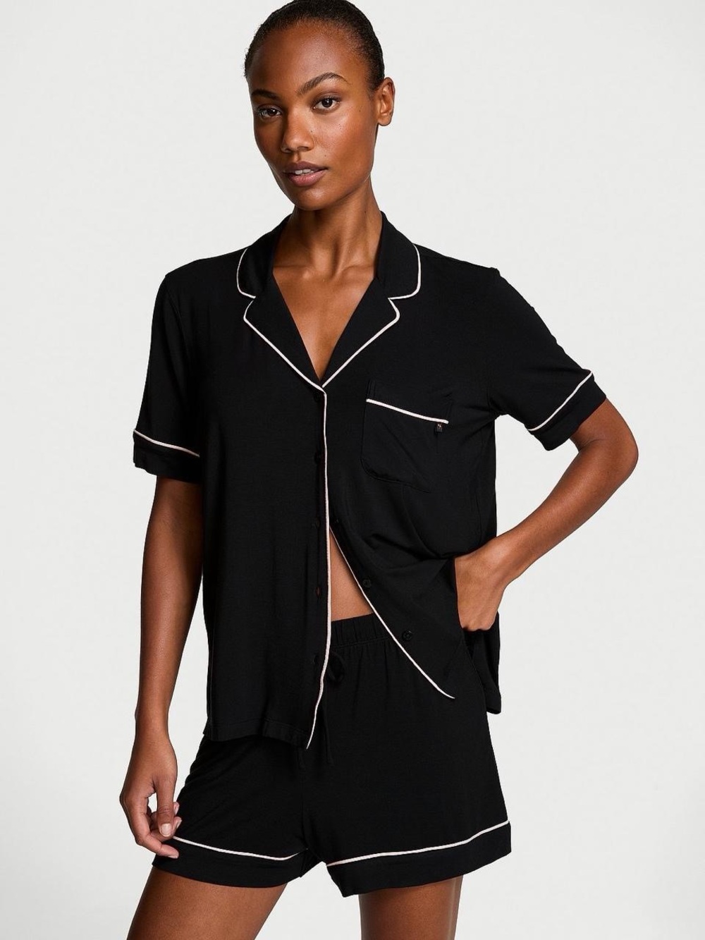 Victoria's Secret Black Short-Sleeve Pajama Set with Cream Piping